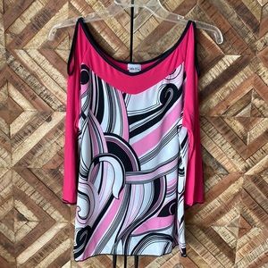 3x runs small sexy shoulder retro pink black top 3/4 sleeve